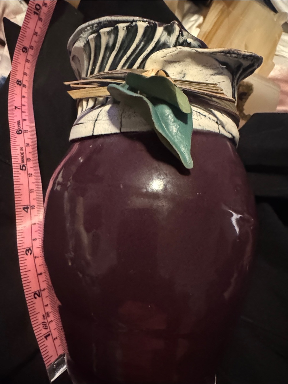 Plum Ceramic Vase with Cream Ruffled Collar and Teal Leaf Accent